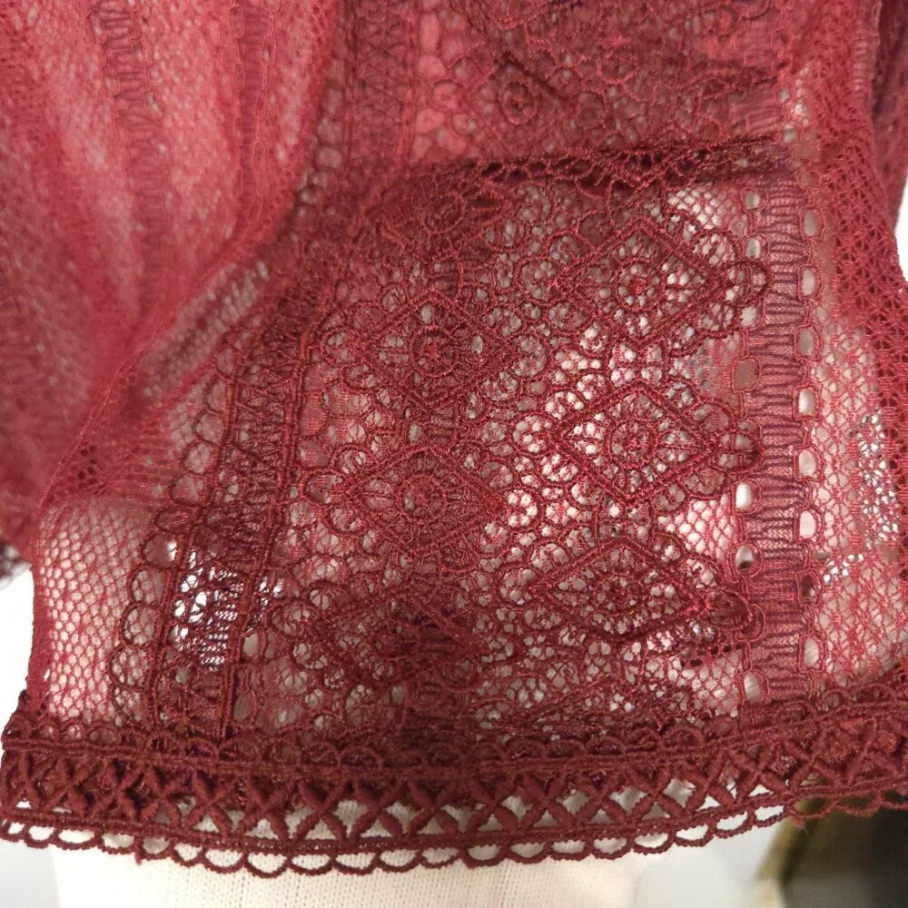 Zara Sheer Lace Blouse S Smocked Ruffle Burgundy Red Boho Romantic Whimsigoth - Picture 10 of 15
